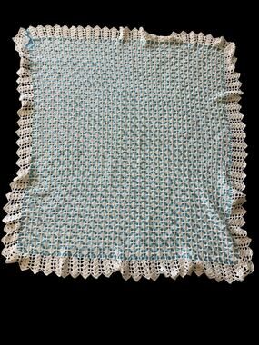 Handmade Crochet Baby Blanket White & Blue Ribbon Lace Afghan 45” x 53”